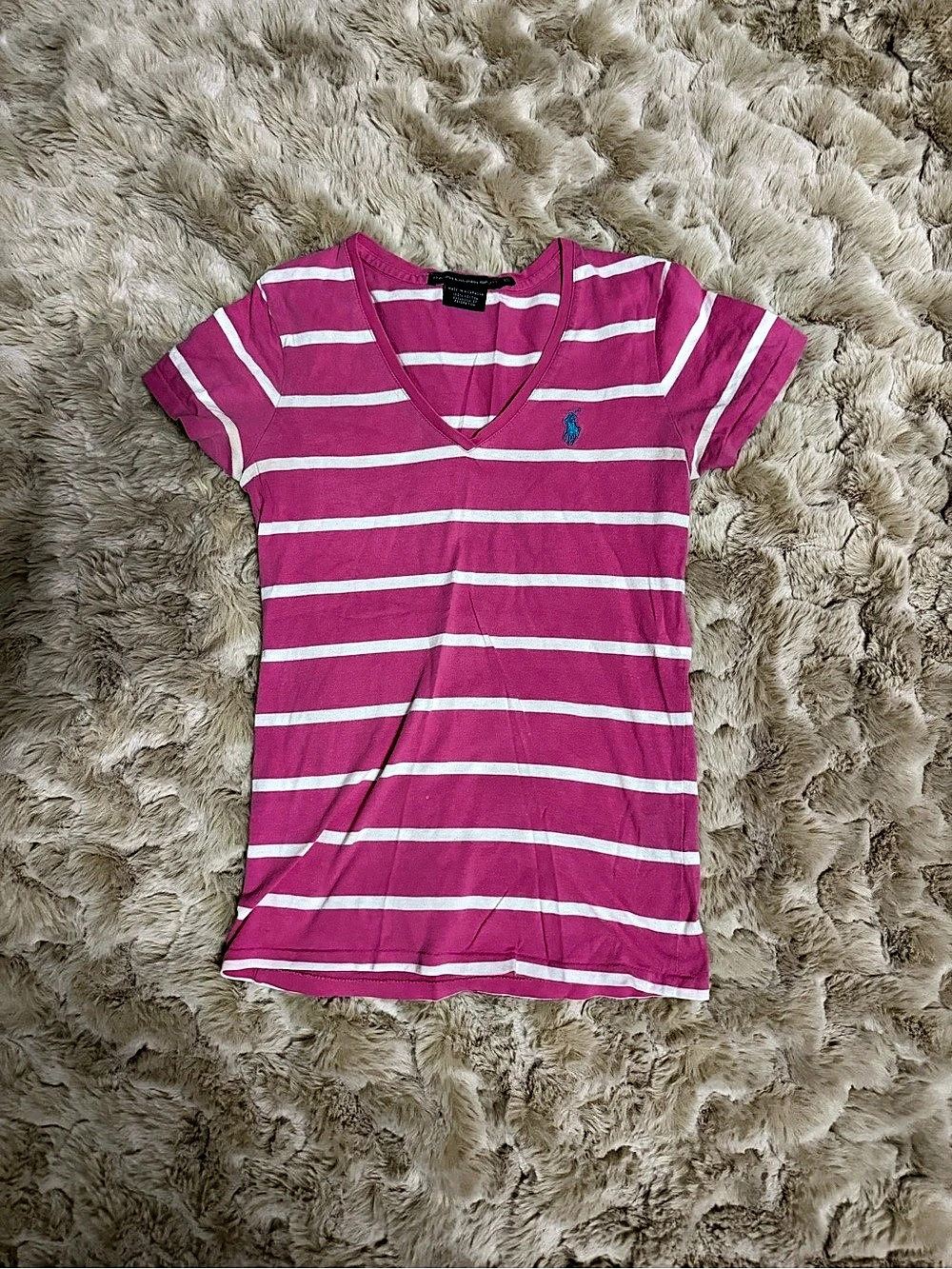 Y2K Ralph Lauren Sport Striped V-Neck Tee in Pink & White Size XS